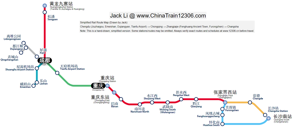 High-rail map of Jiuzhaigou-Emeishan-Chengdu-Chongqing-Zhangjiajie-Changsha rout